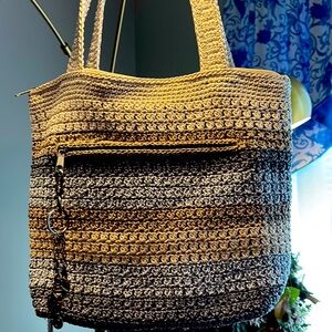 The Sak Beige Tan Knit Crochet Stripe Shoulder Satchel Bag Handbag Purse